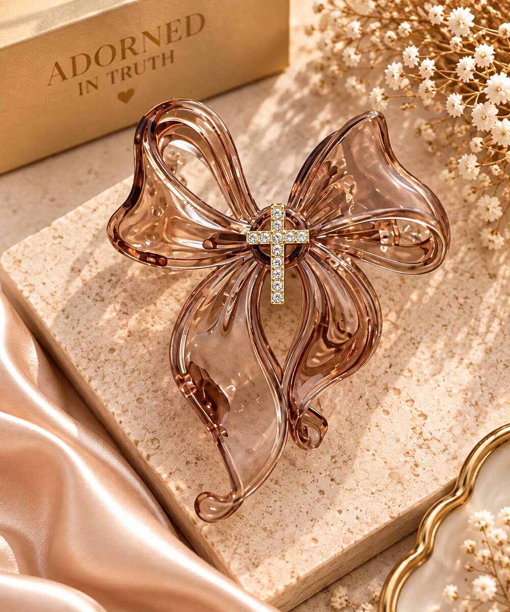 Coquette Amber Brown Bow Claw Clip Rhinestone Cross